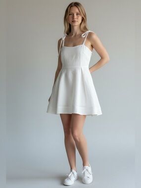 WARP + WEFT Meadowline White Tie-Shoulder Square-Neck A-Line Mini Dress PTP 19.5